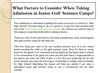 What Factors to Consider When Taking Admission in Junior Golf Summer Camps?