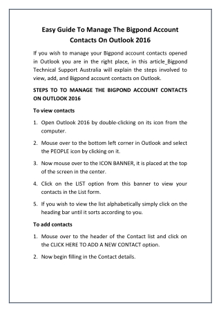 Easy Guide To Manage The Bigpond Account Contacts On Outlook 2016