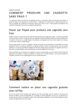 COMMENT PRODUIRE UNE CAGNOTTE SANS FRAIS ?