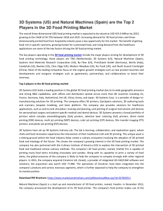 3D Food Printing Market | Industry Analysis and Market Forecast to 2025 | MarketsandMarkets