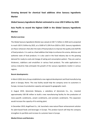 Global Savoury Ingredients Market estimated to cross USD 9 billion by 2025