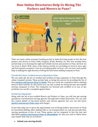 How Online Directories Help Us Hiring The Packers and Movers in Pune?