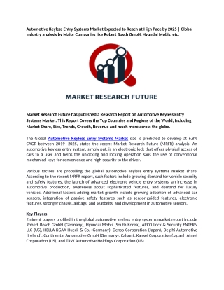 Automotive Keyless Entry Systems Market Expected to Reach at High Pace by 2025