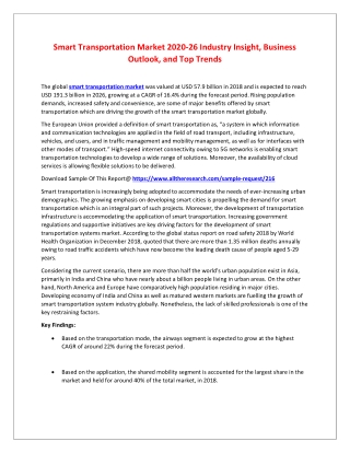 Smart Transportation Market 2020-26 Industry Insight, Business Outlook, and Top Trends