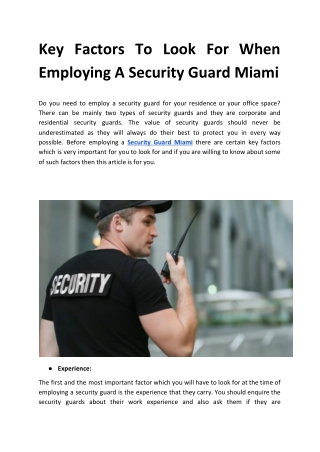 Key Factors To Look For When Employing A Security Guard Miami