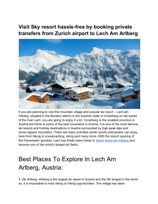 Visit Sky resort hassle-free by booking private transfers from Zurich airport to Lech Am Arlberg