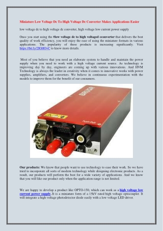 Miniature Low Voltage Dc To High Voltage Dc Converter Makes Applications Easier