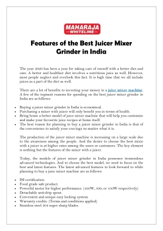 Features of the Best Juicer Mixer Grinder in India