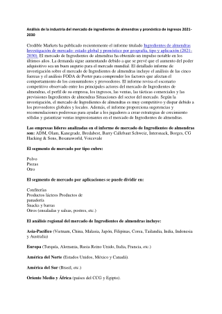 Análisis de la industria del mercado de ingredientes de almendras y pronóstico de ingresos 2021-2030