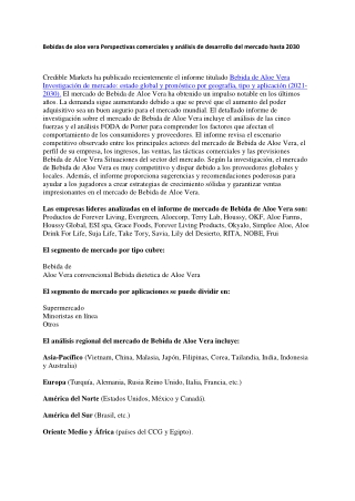 Bebidas de aloe vera Perspectivas comerciales y análisis de desarrollo del mercado hasta 2030