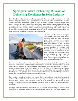 Springers Solar Celebrating 18 Years of Delivering Excellence in Solar Industry