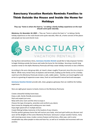 Sanctuary Vacation Rentals Reminds Families to Think Outside the House and Inside the Home for Holidays