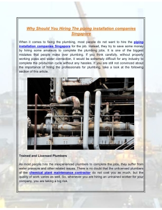 Why Should You Hiring The piping installation companies Singapore