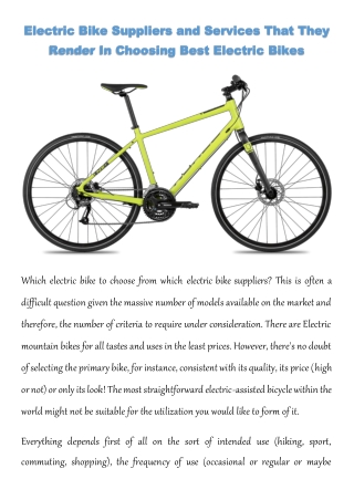 Electric Bike Suppliers and Services That They Render In Choosing Best Electric Bikes