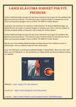 Laser Glaucoma Surgery for Eye Pressure