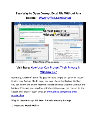 Easy Way to Open Corrupt Excel File Without Any Backup: - Www.Office.Com/Setup