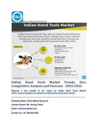 Indian Hand Tools Market Trends, Size, Competitive Analysis and Forecast - 2020-2026