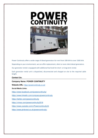 Silent Generator Hire | powercontinuity.co.uk