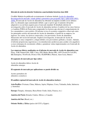 Mercado de aceite de almendra Tendencias y oportunidades futuristas clave 2030