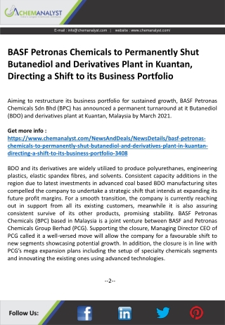 BASF Petronas Chemicals to Permanently Shut Butanediol and Derivatives Plant in Kuantan, Directing a Shift to its Busine
