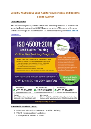 Join ISO 45001:2018 Lead Auditor course today and become a Lead Auditor