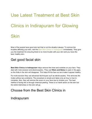 Use Latest Treatment at Best Skin Clinics in Indirapuram for Glowing Skin