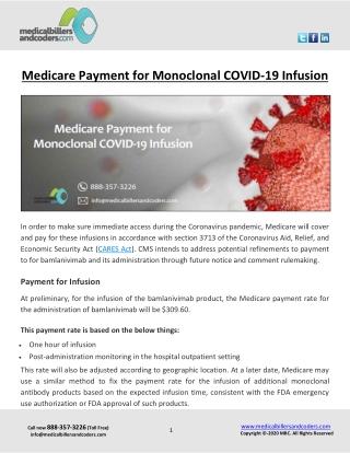 Medicare Payment for Monoclonal COVID-19 Infusion