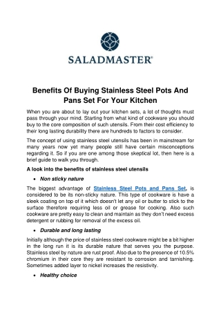 Benefits Of Buying Stainless Steel Pots And Pans Set For Your Kitchen