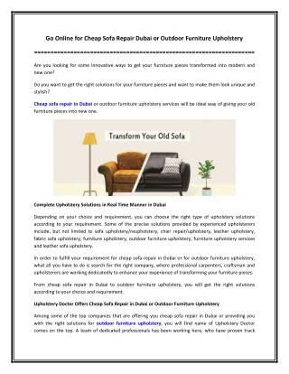 Go Online for Cheap Sofa Repair Dubai or Outdoor Furniture Upholstery