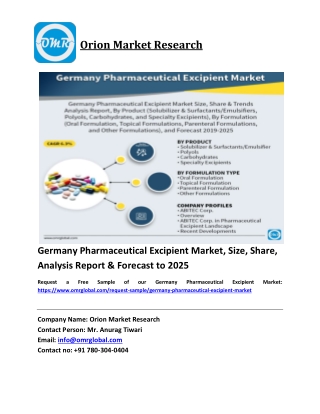 Germany Pharmaceutical Excipient Market Size, Industry Trends, Share and Forecast 2019-2025