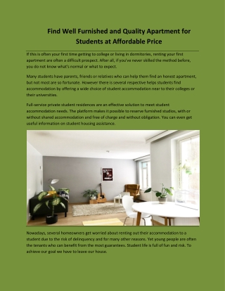 Find Well Furnished and Quality Apartment for Students at Affordable Price