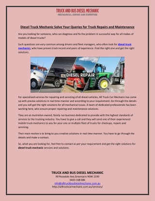 Diesel Truck Mechanic Solve Your Queries for Truck Repairs and Maintenance