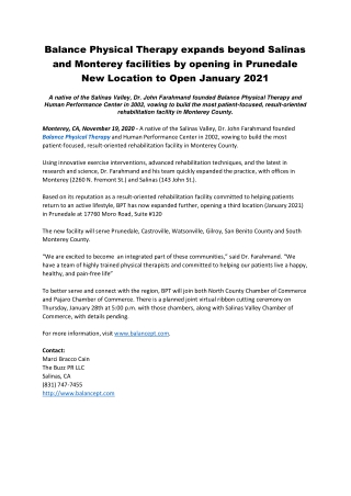 Balance Physical Therapy expands beyond Salinas and Monterey facilities by opening in Prunedale New Location To Open Jan