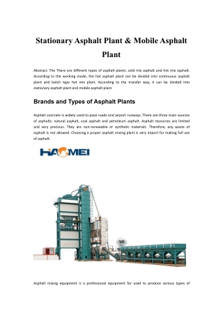 Stationary Asphalt Plant & Mobile Asphalt Plant