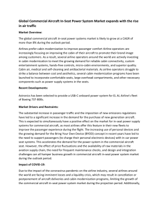 Commercial Aircraft In-seat Power System Market Size and Growth Analysis Report 2020