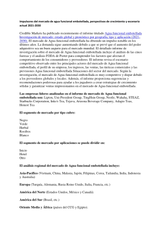 Impulsores del mercado de agua funcional embotellada, perspectivas de crecimiento y escenario actual 2021-2030