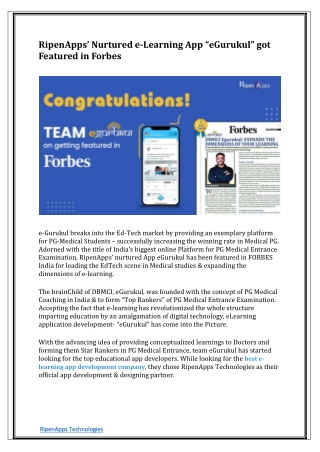 RipenApps’ Nurtured e-Learning App “eGurukul” got Featured in Forbes