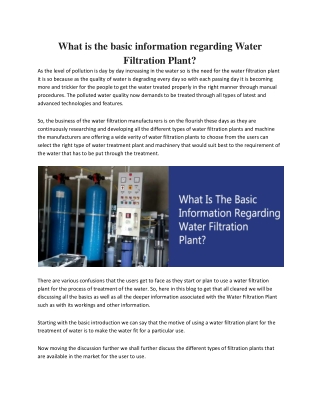 What is the basic information regarding Water Filtration Plant?