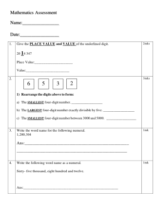 MATHEMATICS ASSESSMENT WORKSHEET Fri 20th Nov 2020