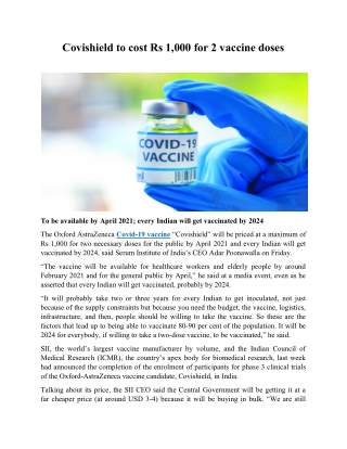 Covishield to cost Rs 1,000 for 2 vaccine doses