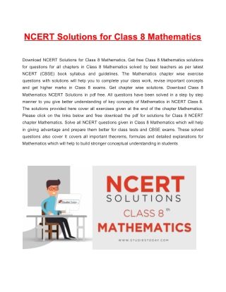 CBSE NCERT Solutions for Class 8 Maths in PDF Form Session 2019-20