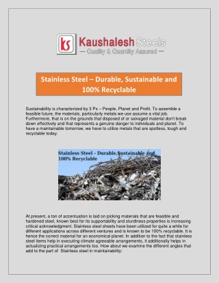 Stainless Steel – Durable, Sustainable and 100% Recyclable