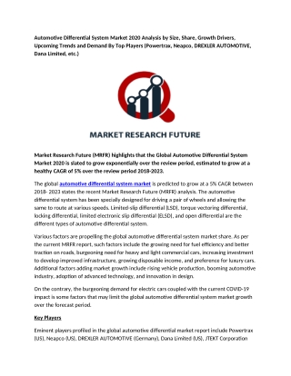 Automotive Differential System Market 2020 Analysis by Size, Share, Growth Drivers