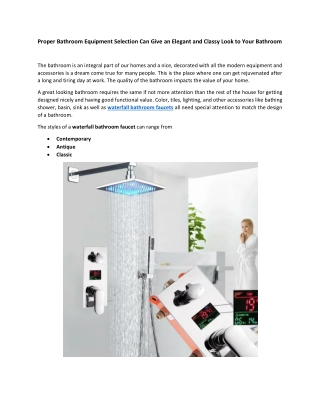 Proper Bathroom Equipment Selection Can Give an Elegant and Classy Look to Your Bathroom