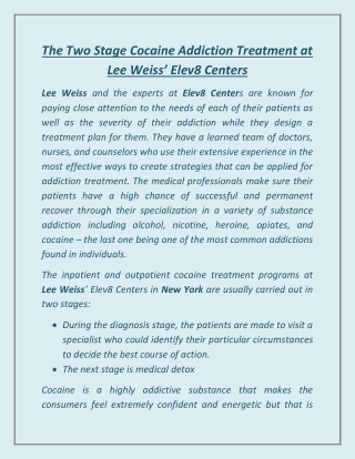 The Two Stage Cocaine Addiction Treatment at Lee Weiss’ Elev8 Centers