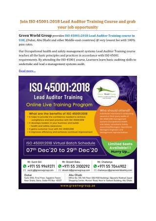 Join ISO 45001:2018 Lead Auditor Training Course and grab your job opportunity