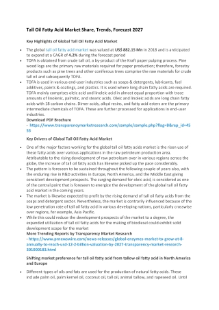 Tall Oil Fatty Acid Market Share, Trends, Forecast 2027