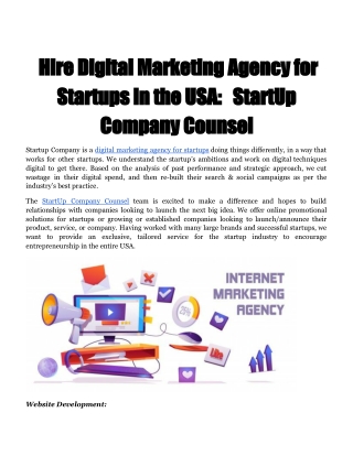 Hire Digital Marketing Agency for Startups in the USA:   StartUp Company Counsel
