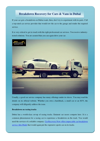 Breakdown Recovery for Cars & Vans in Dubai