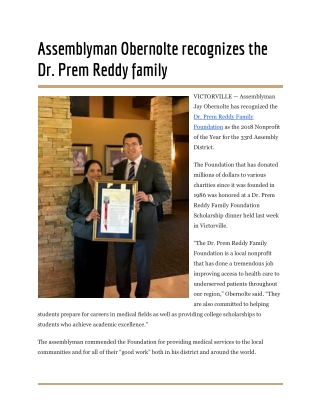 Assemblyman Obernolte recognizes the Dr. Prem Reddy family